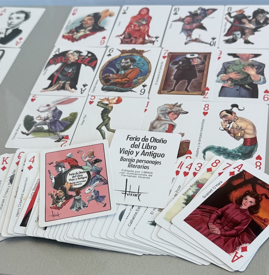 Baraja de Personajes literarios 2025  que el ilustrador madrileño Fernando Vicente ha realizado para La Feria de Otoño del libro viejo y antiguo en 2025